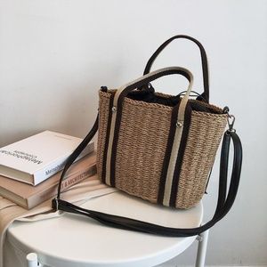 Straw Boho Handbag with Cloth Drawstring Lining